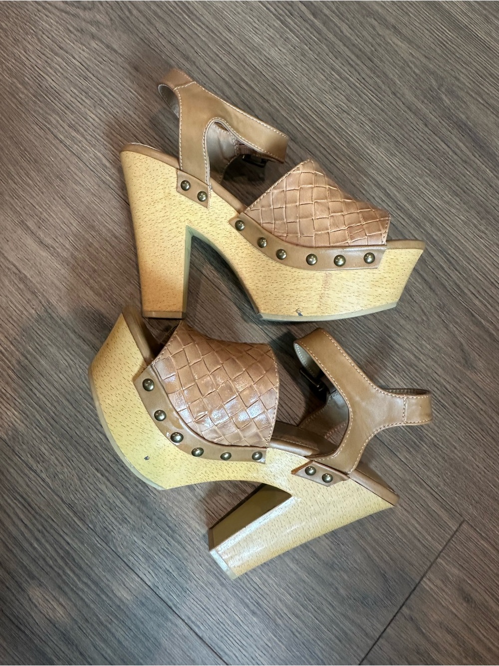 Report Tan Platform Clog Wedges with Stud Accents